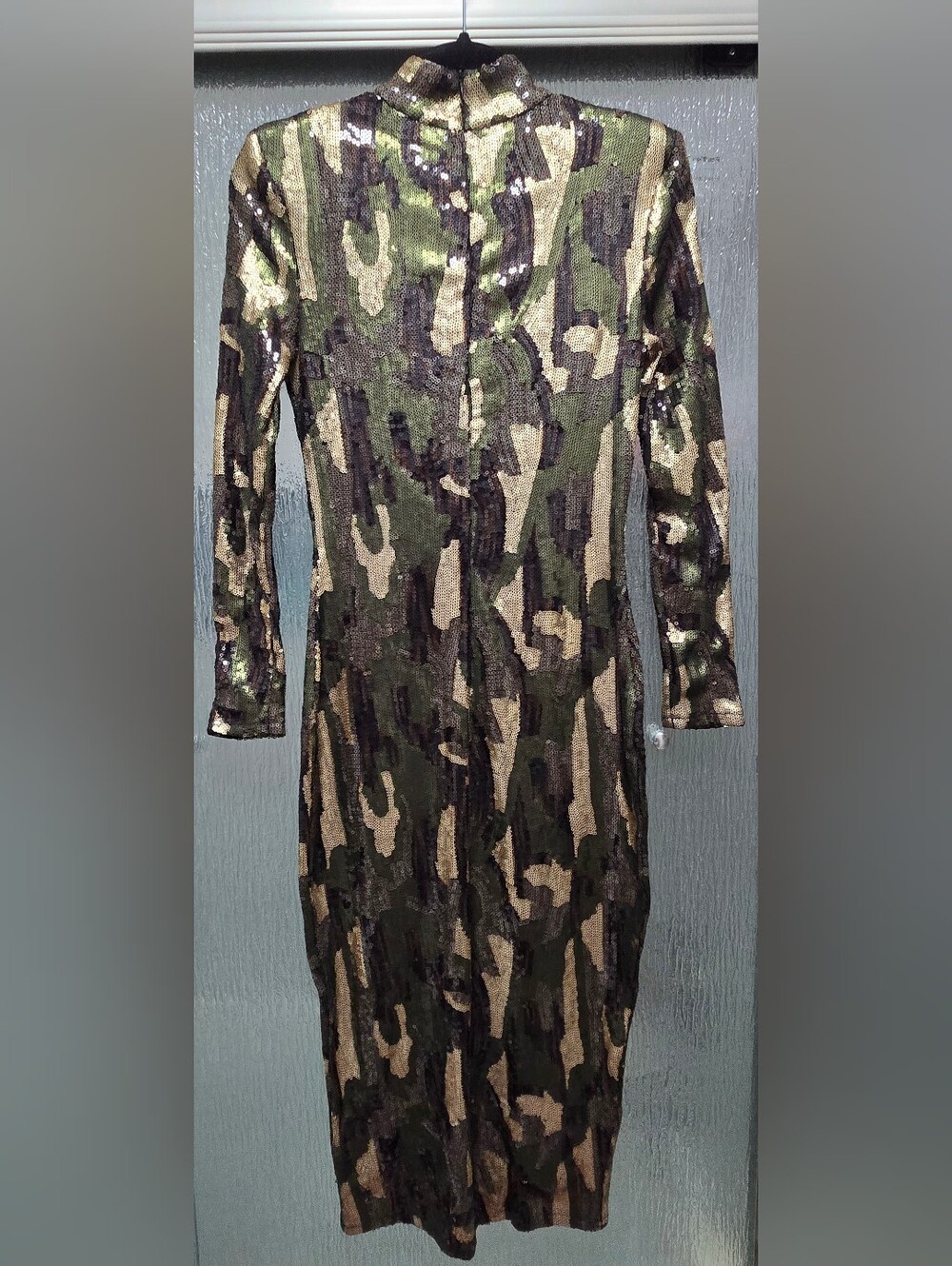 Zara Kahki Sequin Camo Bodycon High Neck Long Sleeve Midi Event Dress Size Small - Picture 4 of 14